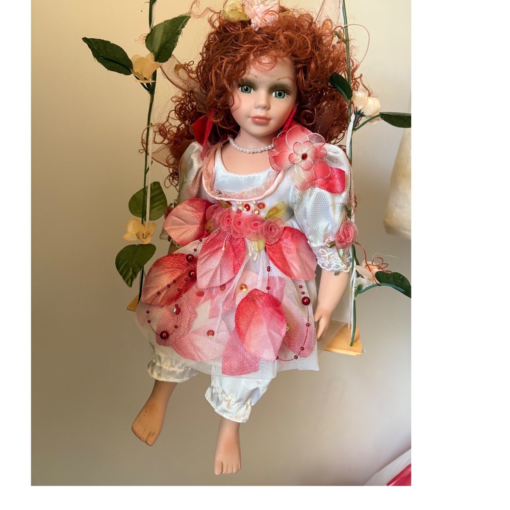 Cathay Collection Porcelain Fairy Doll Red Hair Green Eyes on Swing 0143/5000